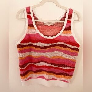 LOFT Pink Multi Stripe Crochet Wave Tank Top Size M